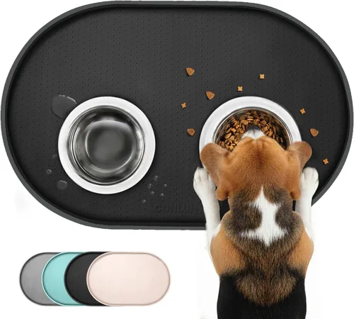 Vista 11 de Tapete de silicona para comida para perros con bolsillo lateral y agujero de gancho, bordes elevados suaves, fácil de limpiar, impermeable, Gris
