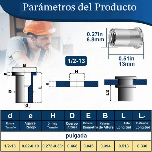 Vista 2 de Tuerca de remache UNC de 1/2 ''-13, 10 piezas de acero inoxidable 304 cabeza plana remache roscado inserto Nutsert Tuercas remachables de 1/2