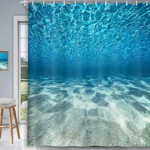 Vista 9 de MERCHR Cortina de ducha de playa azul océano, naturaleza bajo el agua, escena del mundo del mar, cortinas de baño, tela impermeable, 36 x 72 pulgadas