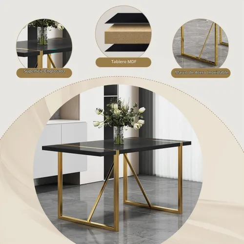 Vista 4 de Juego de mesa de comedor moderna de 55 pulgadas para 4, mesa de comedor negra y marco de metal dorado, mesa de comedor rectangular con 4 sillas