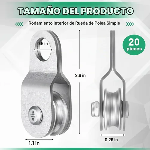 Vista 2 de Yaocom 20 piezas de polea simple pequeña con rodamiento de rueda, poleas de cable con rodillos internos, polea de cable de enganche simple, bloque