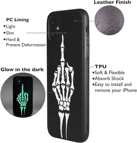 Vista 3 de X spirit Funda genial para iPhone 11, diseño de esqueleto de calavera, estilo gótico atrevido emo luminoso, dedo medio, rock n roll, se ilumina