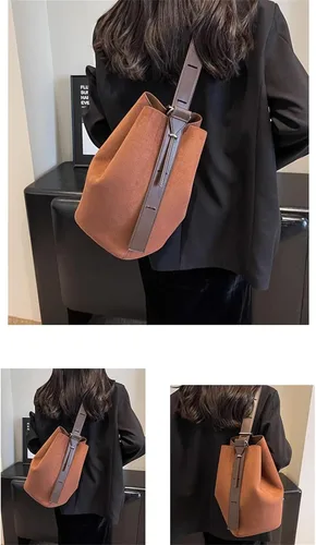Vista 3 de Bolso de cubo vintage de gamuza marrón - Bolso de mano de tendencia otoñal con bolsa desmontable, bolso de hombro para mujer y bolso de trabajo