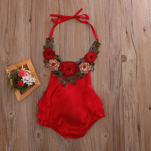 Vista 2 de Mrs.Baker'Home Baby Girl 3D Flower Applique Halter Floral Romper,Backless Bodysuit,Ruffle Sunsuit