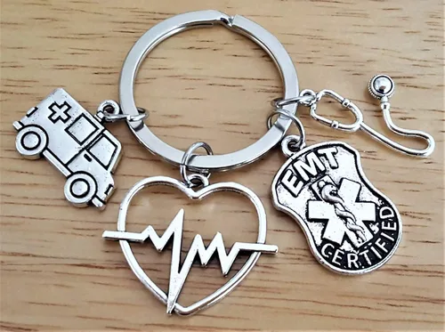 Vista 3 de EMT Medical Technician, EMT Keychain, ECG EKG Heartbeat, alerta médica, regalo EMT, ambulancia, estetoscopio, caduceo símbolo médico, regalo