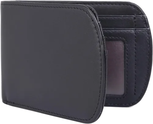 Vista 8 de Cartera plegable de bolsillo frontal con bloqueo RFID de cuero italiano real de Polare ORIGINAL, delgada y curva para hombre, Negro, Pequeña