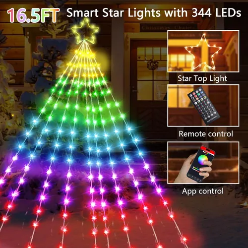 Vista 4 de Vigdur Decoración de Árbol de Navidad de 16.4 Pies - 315 LEDs Luces de Árbol en Cascada de Estrellas Personalizables con Control Remoto