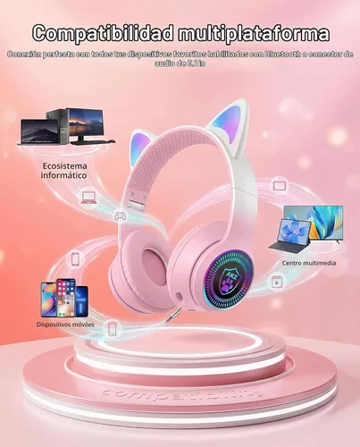 Vista 5 de Auriculares plegables inalámbricos Bluetooth 5.1 con luz LED, VIGROS estéreo, música, sonido envolvente con micrófono AUX para PC, pad, móvil Rosa