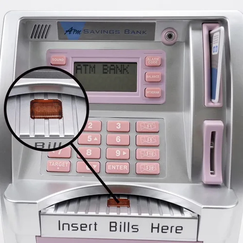 Vista 6 de LB Máquina de ahorro de cajeros automáticos mejorada 2025 para niños y adultos con tarjeta, cajero automático alcancía para dinero real