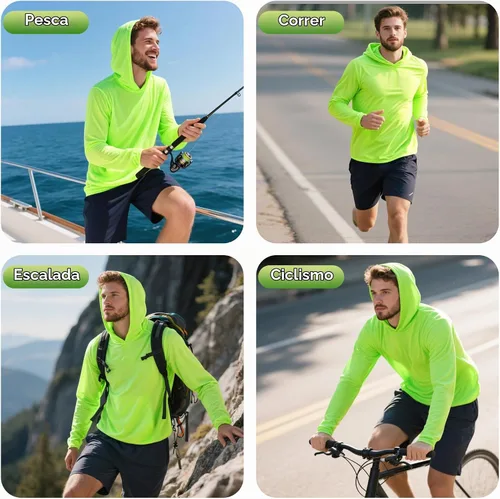 Vista 2 de ProtectX Paquete de 2 sudaderas con capucha para hombre Hi Vis, ligera, larga, para el sol, con capucha Verde neón - Paquete de 2