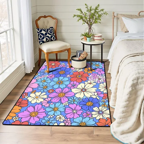 Vista 7 de Alfombra colorida estilo retro de los años 60 y 70 dibujada a mano, floral, lila, púrpura, flores, alfombra de juego para exteriores, alfombra