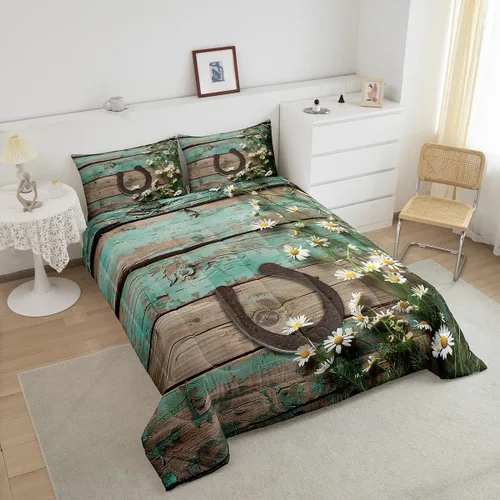 Vista 5 de Juego de ropa de cama rústica de granja color verde azulado con puerta de granero de madera, edredón de plumas tamaño Queen, decoración occidental
