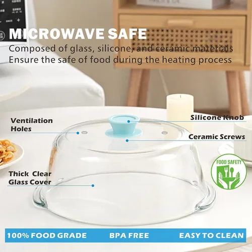 Vista 5 de Tapa alta de vidrio para microondas contra salpicaduras para alimentos con orificio de ventilación 100% segura para alimentos, tapa protectora