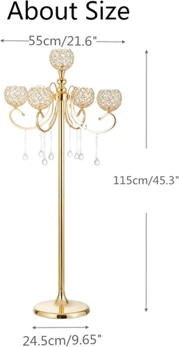 Vista 7 de Candelabro dorado para centros de mesa, 45.3 pulgadas de alto con 5 ramas con soporte de candelabro de cuentas de cristal para boda, pasillo