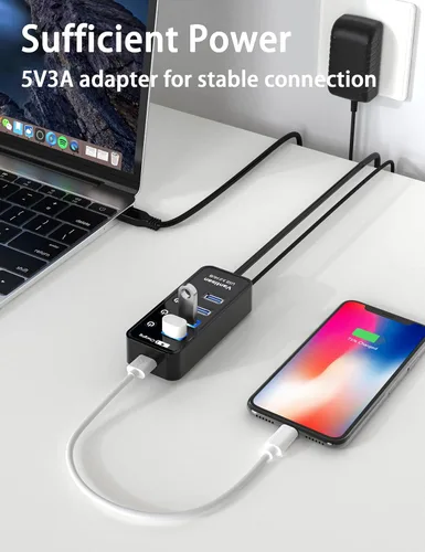 Vista 5 de vantisan Concentrador USB 3.0 alimentado, extensión USB de 4 puertos USB Hub Splitter (4 puertos de datos USB 3.0 + 1 puerto de carga inteligente)