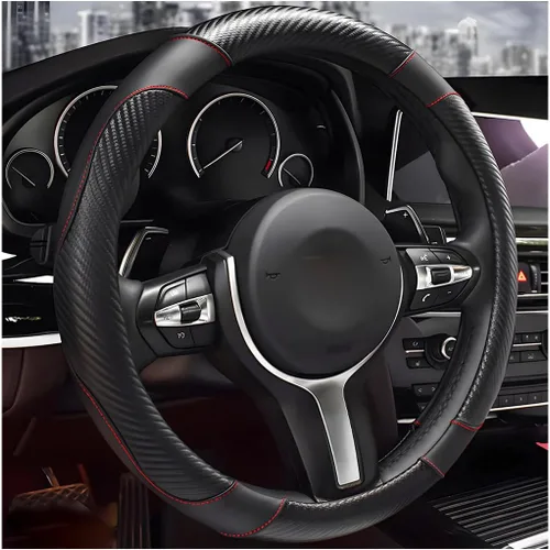 Vista 11 de Funda para volante de automóvil, 15 pulgadas, de piel de microfibra de fibra de carbono, protector elástico para volante, transpirable