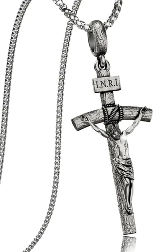 Vista 8 de Collar de crucifijo católico para hombres y mujeres, collar de cruz de plata antigua/oro/plata con exquisito colgante de Jesús, cadena de acero