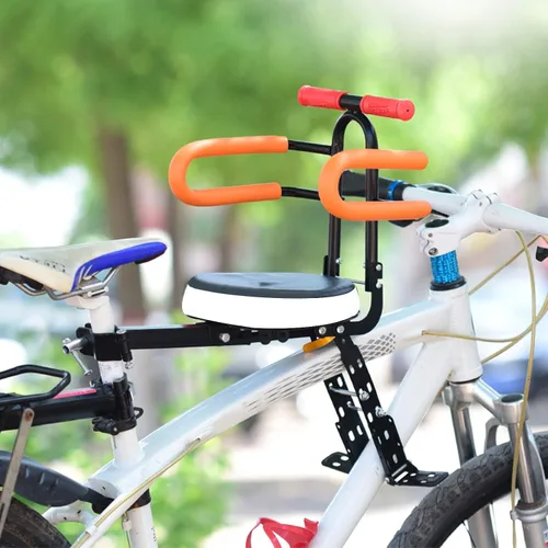 Vista 3 de Together-life Asientos de bicicleta para niños montados en la parte delantera, portabicicletas plegables con barandilla y pedal para bicicletas