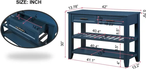 Vista 3 de Mesa consola de madera maciza de 42 pulgadas, mesa de sofá de madera de pino con cajones de almacenamiento y estantes, mesa de entrada retro