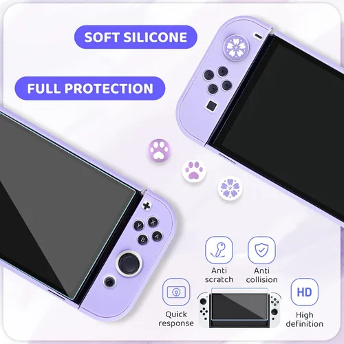 Vista 5 de RHOTALL Sakura Embossing Cute Carrying Case Set for Nintendo Switch OLED, Accessories Bundle for Switch OLED with Hard Case, Screen Protector, 4
