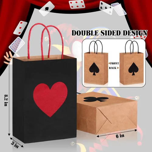 Vista 2 de Outus 24 bolsas de regalo para fiestas de casino, color rojo y negro, bolsas de papel con asas de 8.3 x 6 x 3 pulgadas para bolsas de papel
