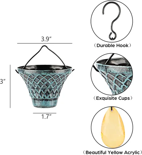 Vista 2 de Tfro & Cile Cadena de lluvia para canalón, captador de bajante, desviador de agua exterior, copas de lluvia decorativas para jardín, campanillas