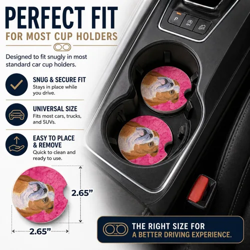 Vista 2 de Caroline's Treasures SS4767-PKCARC - Juego de 2 portavasos para automóvil, diseño de bulldog inglés, absorbentes para automóvil, portavasos
