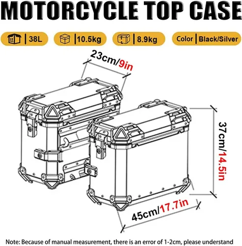 Vista 2 de Maletas laterales para motocicleta, 38L de motocicleta de lado duro, alforjas para maletero Tour, maletín lateral negro/plateado