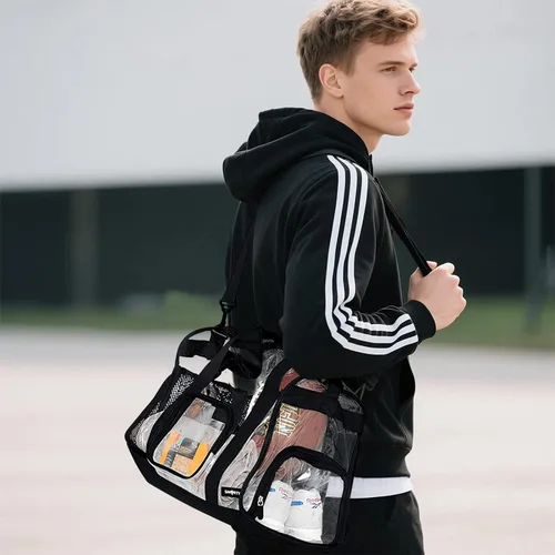 Vista 6 de Bolsa de gimnasio transparente grande y resistente con compartimento para zapatos, bolsa deportiva transparente aprobada para estadios con correa