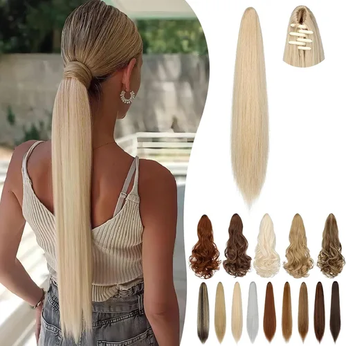 Vista 15 de Extensión de cola de caballo de 18 pulgadas, 20 pulgadas, larga, rizada, ondulada, recta, con clip, de aspecto natural, extensión de cabello