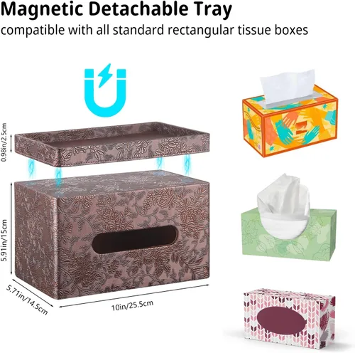 Vista 3 de YAPISHI Caja de pañuelos grande rectangular con almacenamiento de bandeja, soporte de pañuelos faciales de piel sintética, se adapta a 230