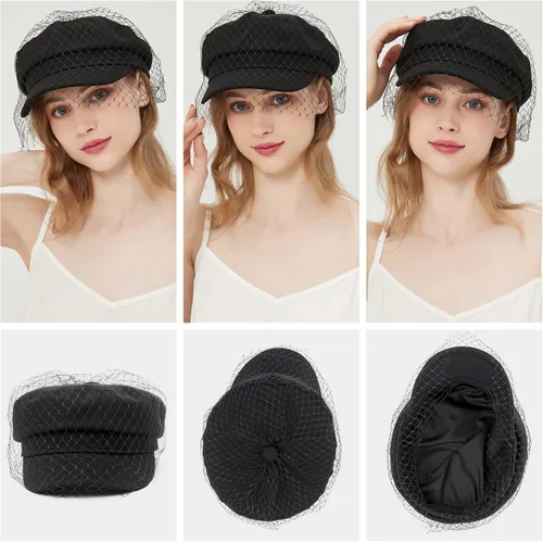 Vista 6 de Boina para mujer, de piel sintética, con velo, estilo casual, para panadero, capitán