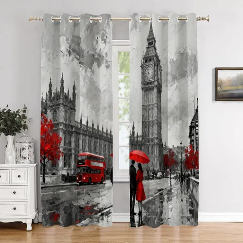 Vista 46 de Cortinas opacas de cocina con pintura al óleo de Europa rosa y negra para ventanas, cenefas opacas modernas de torre Eiffel de poliéster multicapa