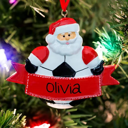Vista 4 de ChalkTalkSPORTS Adorno navideño de resina de Papá Noel de fútbol Adornos de fútbol, Rojo
