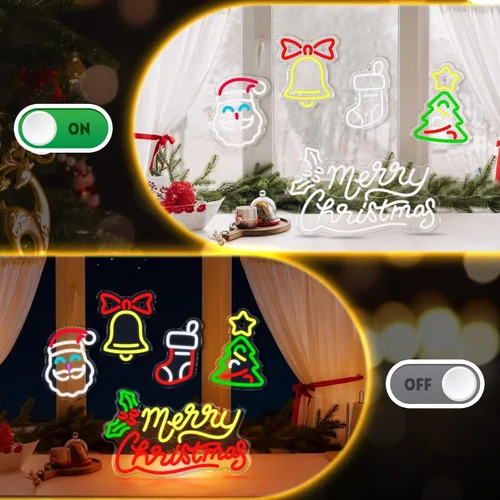 Vista 4 de 5 letreros de neón de Navidad con texto en inglés "Merry Christmas", campanas de Papá Noel, árbol de Navidad, luces LED, luces de neón de invierno