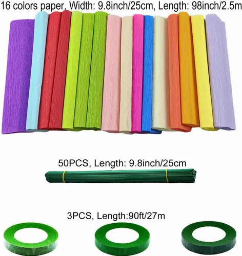 Vista 5 de KYMY Rollos de papel crepé para kits de flores de bricolaje con cables de hierro y cinta, serpentina para cumpleaños, bodas, envolturas