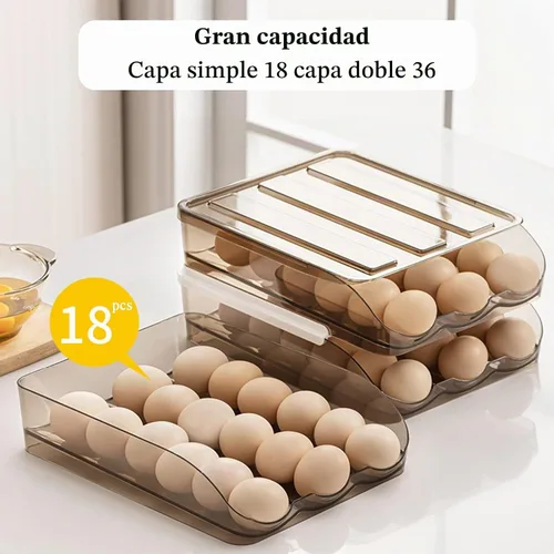 Vista 5 de Soporte para huevos para refrigerador, organizador de desplazamiento automático, contenedor de almacenamiento apilable de plástico reutilizable