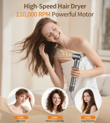 Vista 2 de Kit de cepillo de secador de pelo 9 en 1, potente secadora profesional de aire caliente de 1200 W con funda, rizador de aire automático de 110,000