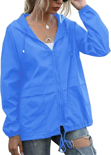 Vista 28 de PESION Chaqueta impermeable ligera para mujer, rompevientos con capucha y bolsillo para exteriores Verde militar