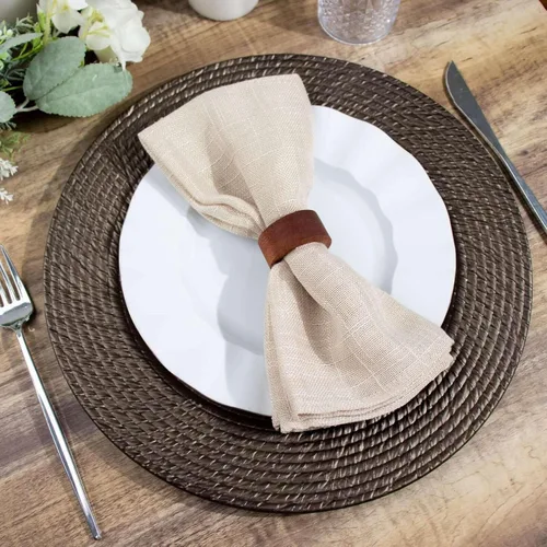 Vista 2 de Tableclothsfactory Paquete de 6 platos de carga de plástico acrílico marrón natural de 13 pulgadas tipo ratán, platos redondos desechables