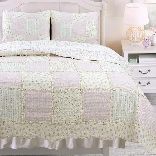 Vista 8 de Cozy Line - Juego de edredón de rayas verdes lavanda y puntos morados, 2 piezas, 100% algodón, reversible, para todas las estaciones, con fundas