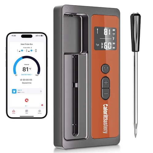 Vista 9 de Termómetro inalámbrico para carne: termómetro inteligente Bluetooth de 500 pies para cocinar y asar a la parrilla, termómetro digital CaloriMastery