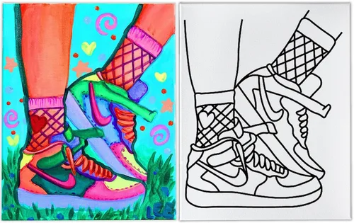 Vista 2 de INDIGO ART STUDIO Tenis de lona predibujados de 11 x 14 pulgadas #4, pintura acrílica, actividad artística, 12 colores de primera calidad, 2