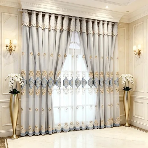 Vista 13 de Amidoudou 1 par de cortinas europeas de doble capa con cortinas transparentes para sala de estar, dormitorio, cortinas opacas bordadas de lujo Beige