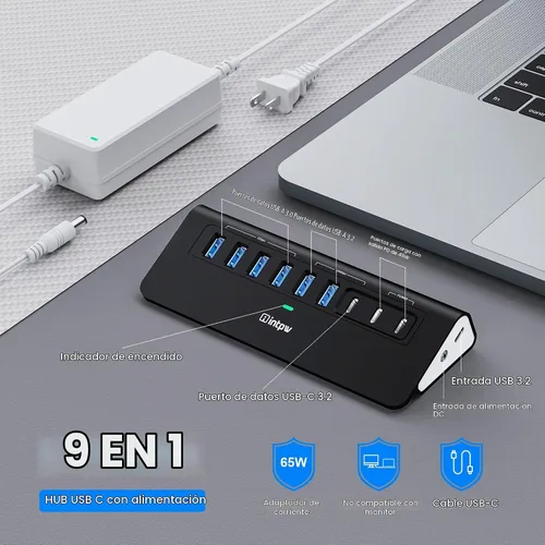 Vista 2 de Hub USB alimentado de 10 Gbps, intpw YH6AC Divisor USB de 9 puertos con USB A/USB C 3.2, 4 USB 3.0, 2 puertos de carga PD de 45 W, adaptador