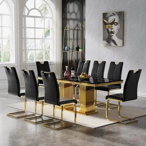 Vista 37 de 5 Piece Black Marble Dining Table Set for 4, Modern Faux Marble Kitchen Dining Room Tables with 4 Leather Chairs Set, 68.11" Luxury Rectangular