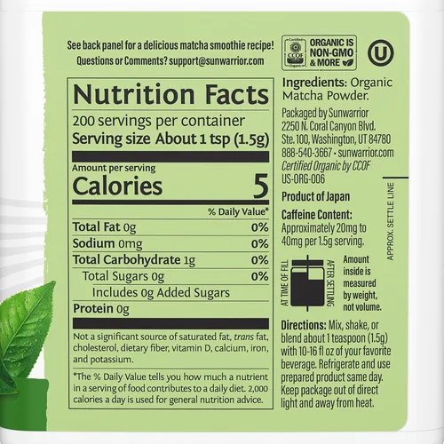 Vista 2 de Té verde matcha orgánico en polvo de grado culinario Matcha para batidos, hornear lattes, vegano, sin azúcar ni lácteos, 225 porciones Sunwarrior