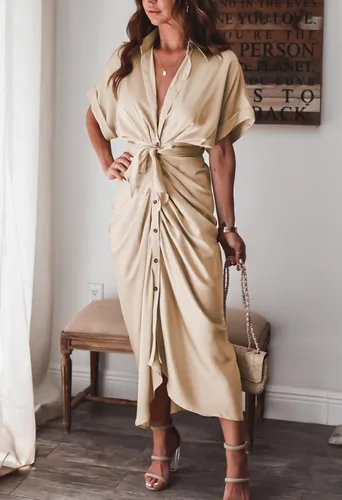 Vista 5 de Linsery Vestido camisero fruncido con botones para mujer, elegante vestido largo con cinturón