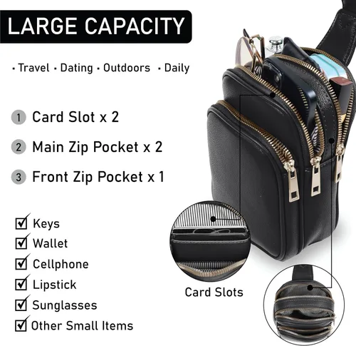 Vista 2 de Emperia Bolso bandolera pequeño con triple cremallera para mujer, de piel sintética, ligera, cangurera para el pecho para viajes, Negro -, Bolso