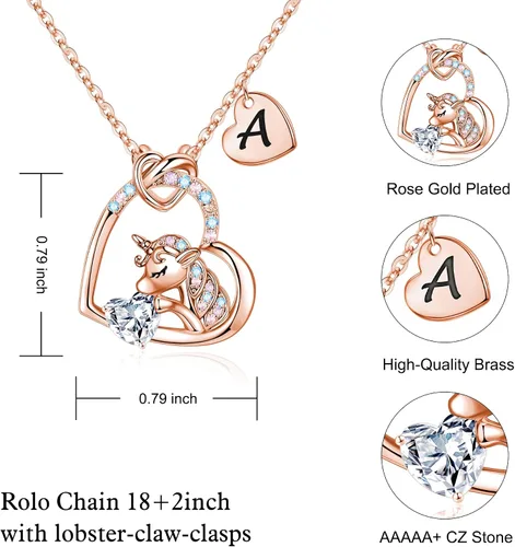 Vista 5 de IEFRICH Regalos de unicornios para niñas, collares de unicornio con corazón de circonita cúbica para mujeres y niñas, collares con inicial, joyería